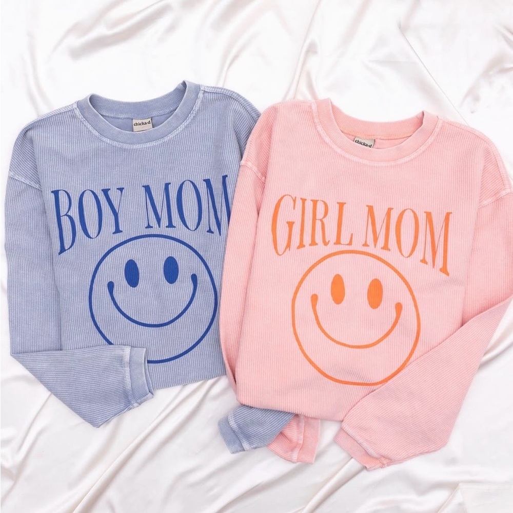Boy Mom Smiley Faded Denim Corded Graphic Sweatshirt